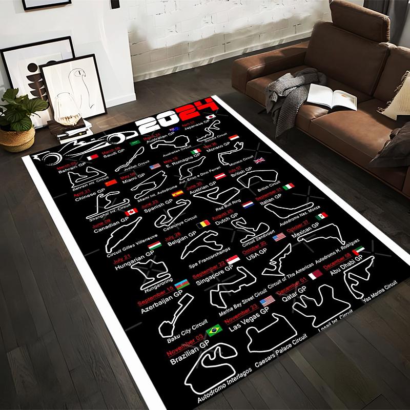 Formel 1 2024 Rennstrecken Design Teppich Rutschfester Teppich geeignet für Wohnzimmer- und Schlafzimmer-Sofas.