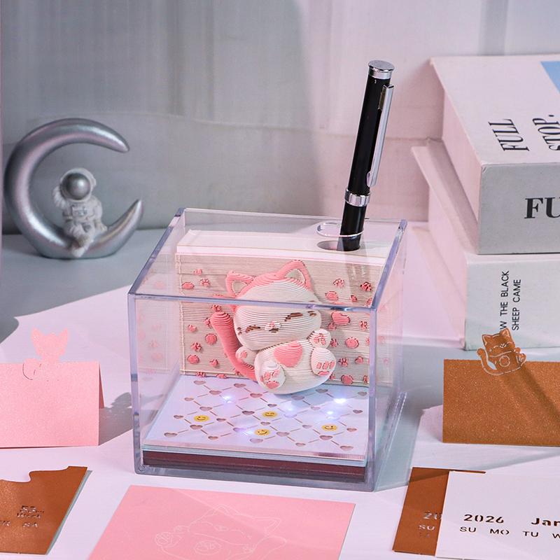 Time Piece Kalender 2026 Schreibtischkalender mit LED-Licht 3D Abreißkalender Papierschnitzkunst Notizblock Geschenk Weihnachten