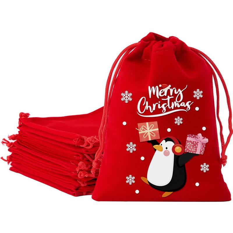6/8/12Pcs Drawstring Gift Bags Red Green Cartoon Patterned 2025 Packaging Bags For Party Favors Velvet Christmas Candy Bag