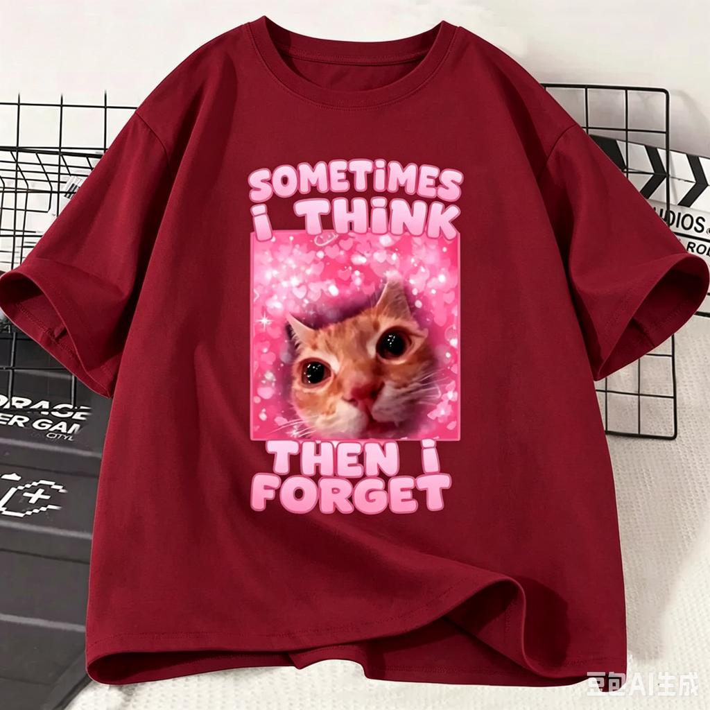 New Sometimes I Think Then I Forget Funny Cat Meme Shirt Adult and Kids Stupid Humor Cats T-shirt Fashion Short Sleeve Tops