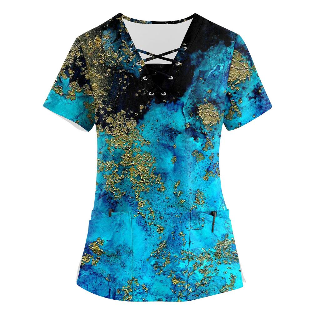 Dámská pracovní uniforma s krátkým rukávem a výstřihem do V s potiskem