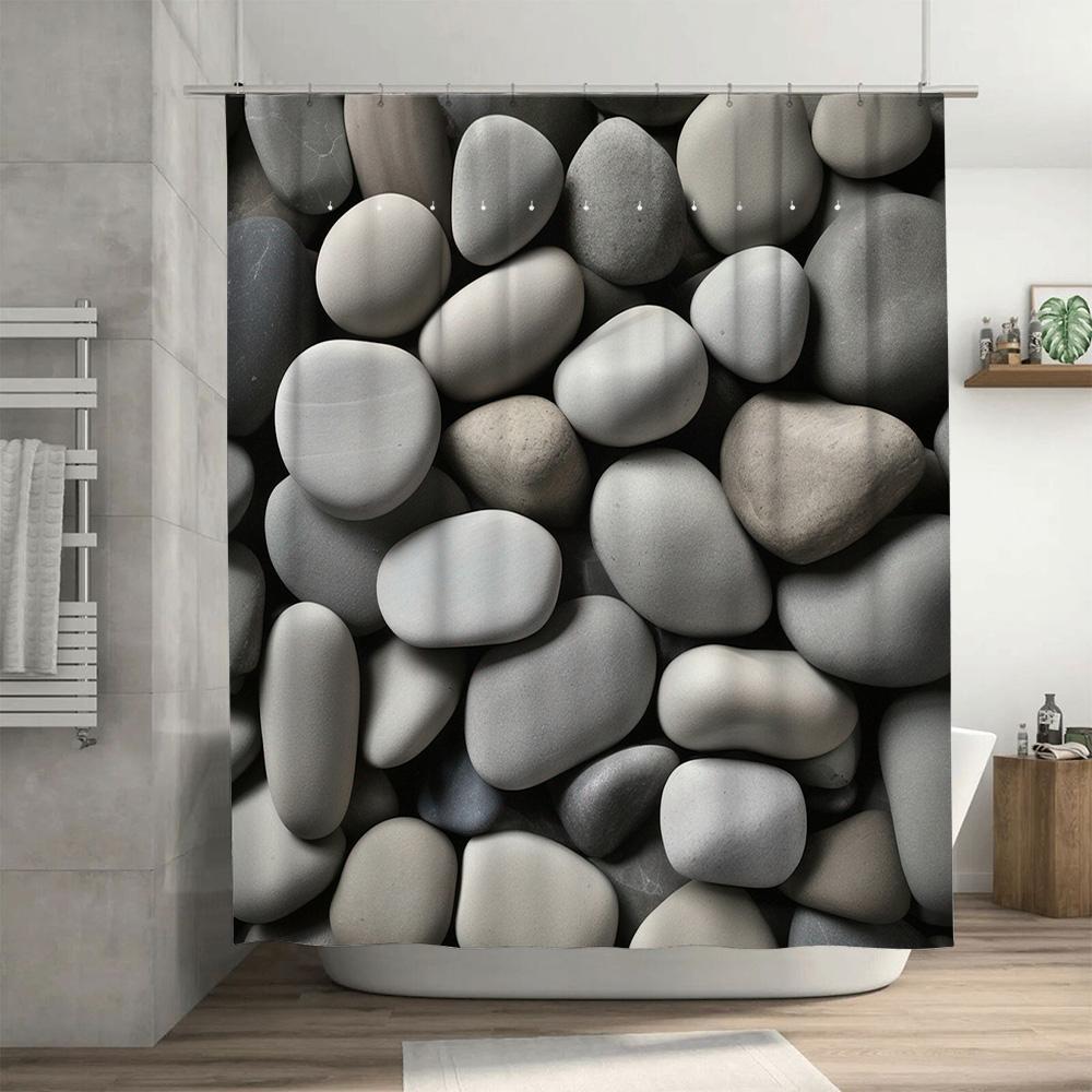 High-Quality Printed Bath Curtains Modern Style Grey Pebble Design for Bathroom Decor Size Adjustable Rod Included (Large)