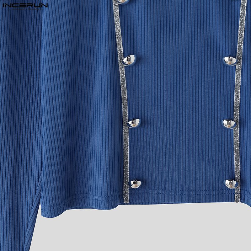 INCERUN Men's Square Collar Long Sleeve Patchwork Buttons Fitted Cropped T-shirts Tops