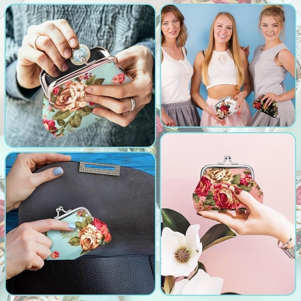 Fashion Mini Coin Purse Rose Floral Print Canvas Clutch Wallet Metal Hasp Makeup Bag for Women