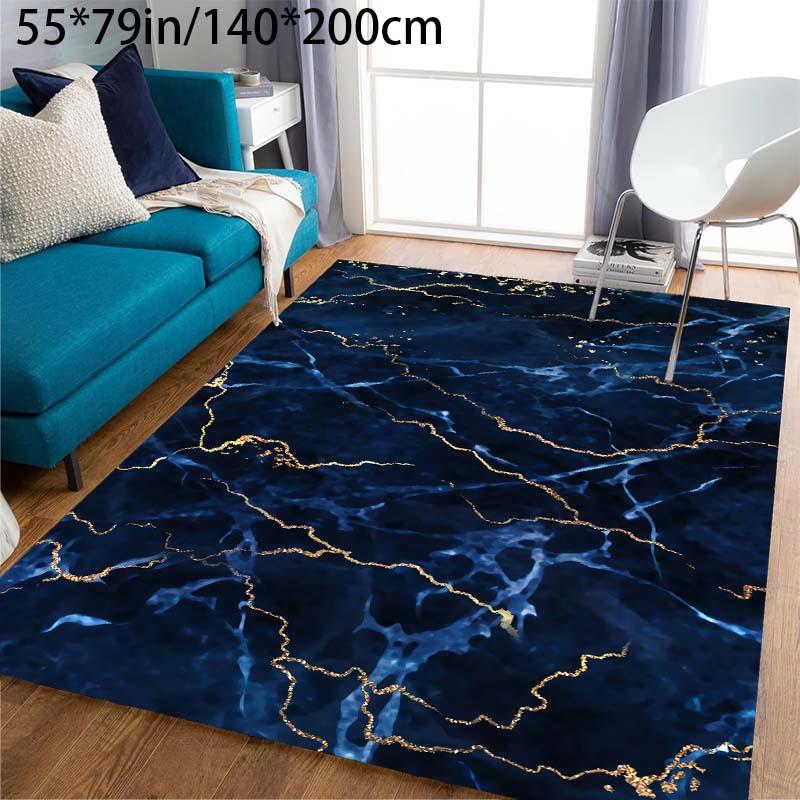 Luxurious Velvet Nordic Marble Area Mat Deep Blue Golden Veining Non Slip Backing Machine Washable Living Room Bedroom Office