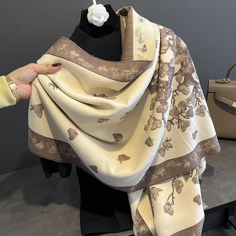 Autumn and Winter New Korean Style All Match Imitation Cashmere Scarf for Women with Butterfly Flying Print Thickened Warm Shawl and Scarf