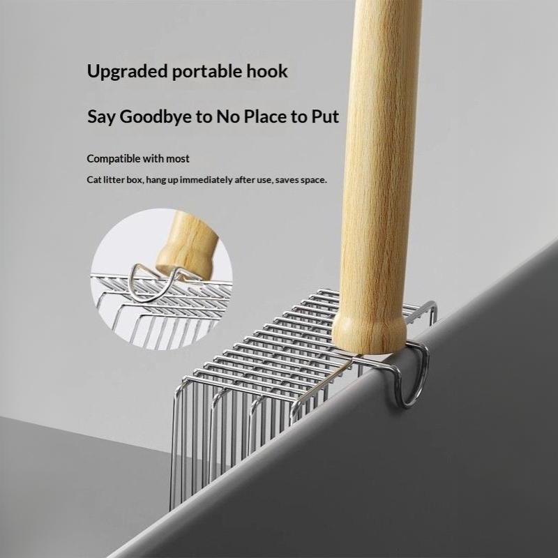 Metal Cat Litter Shovel with Comfortable Wood Handle Built-in Hook Portable Kitty Litter Sifter for Daily Cat Care