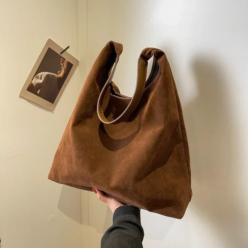 Bolsa feminina vintage grande capacidade camurça bolsa de ombro cor sólida simples casual bolsa de viagem
