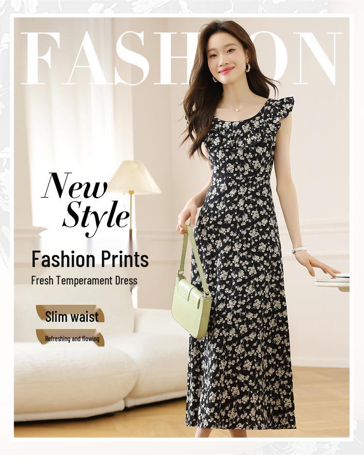 French Black Floral Puff Sleeve Camisole Dress for Women - Summer Seaside Vacation Style