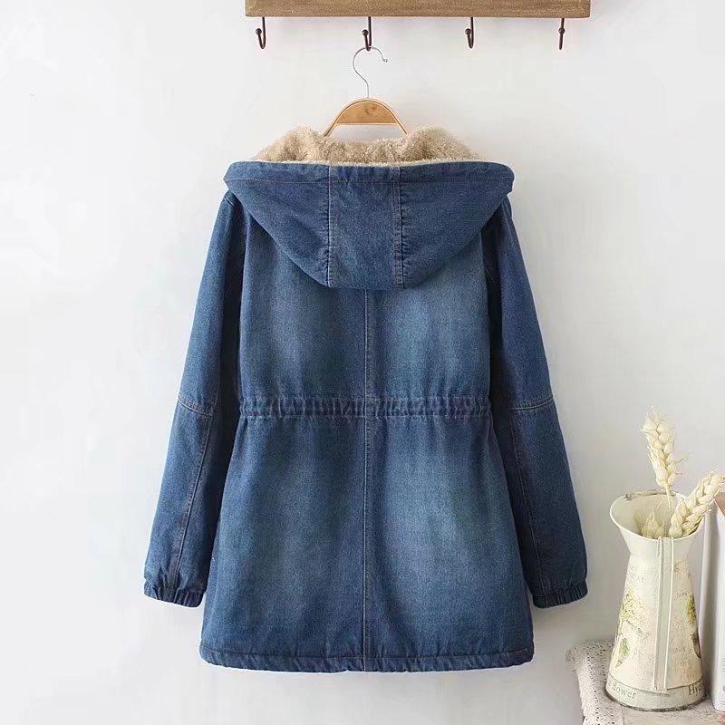 Lamb Fleece Cotton-padded Jacket Women's Thick Hooded Mid-length Waist Denim Cotton-padded Jacket