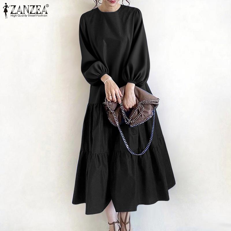 ZANZEA Women Casual Round Neck Loose Long Sleeve Long Dress