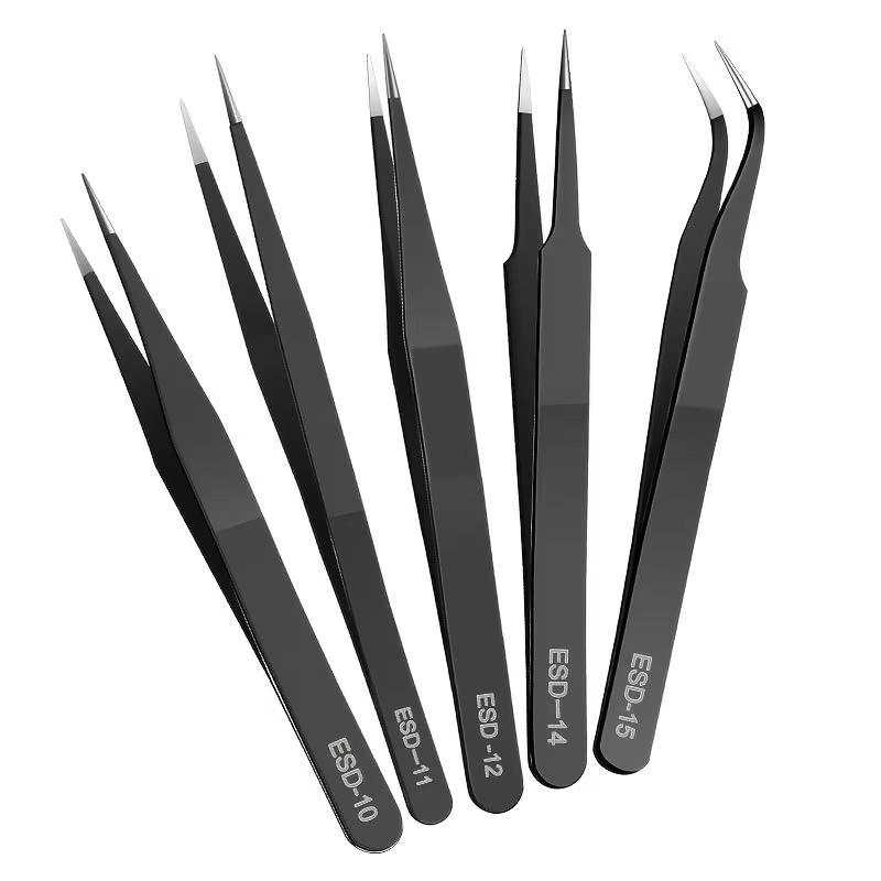 Black ESD Anti-Static Stainless Steel Tweezers Precision Maintenance Industrial Repair Home Working Model Making Hand Tools Set