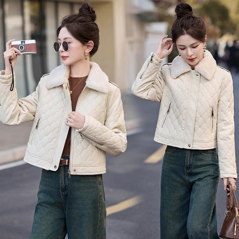 

Популярная флисовая кожаная куртка с меховым воротником женская короткая зимняя новая маленькая мотоциклетная куртка хлопковое пальто 2XL бежевый