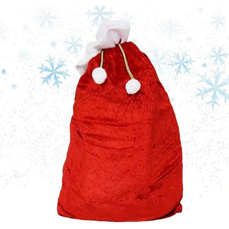 Großer roter Samt-Weihnachtssack mit weißem Pompon, flauschiger Geschenkaufbewahrungsbeutel für Geschenke, festlicher Feiertags-Organizer geeignet