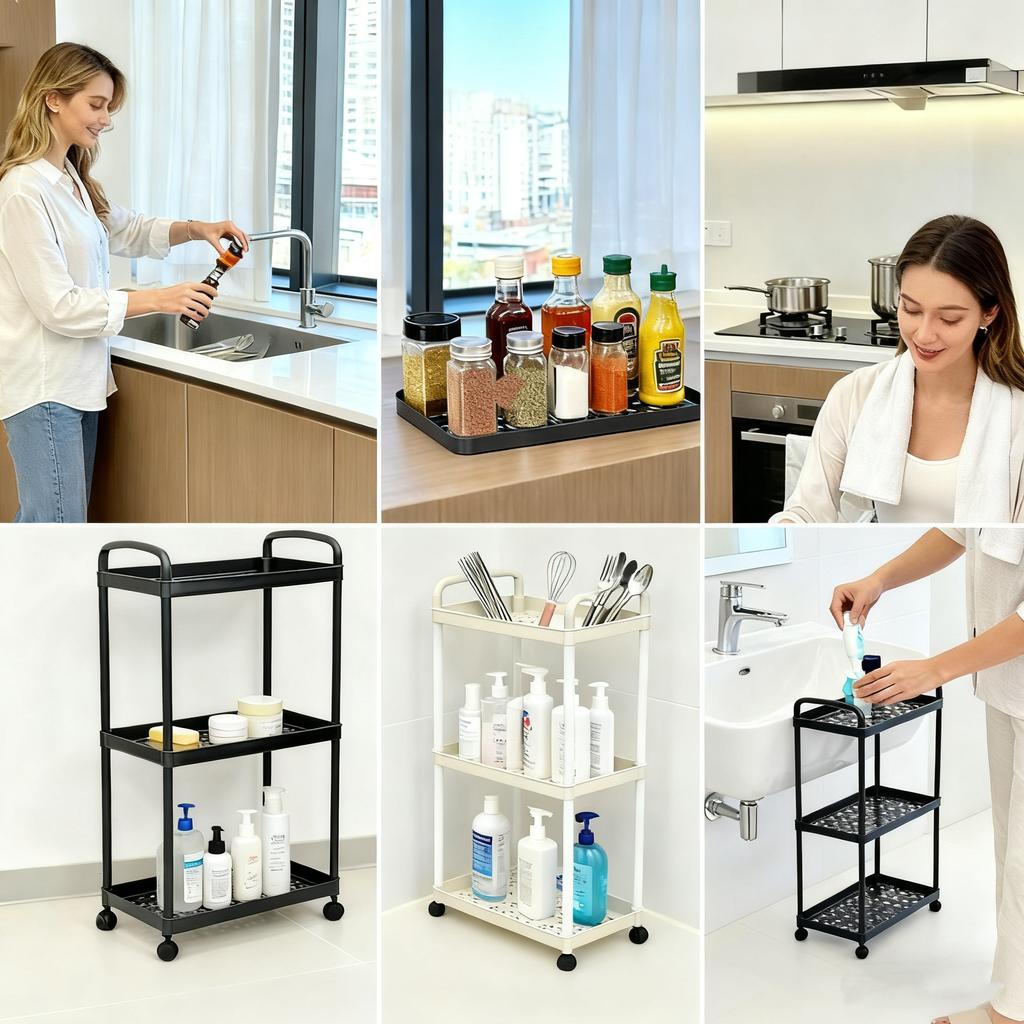 3/4-Tier Storage Cart,Multifunction Utility Rolling Cart Kitchen Storage Organizer,Mobile Shelving Unit Cart with Wheels for Bat