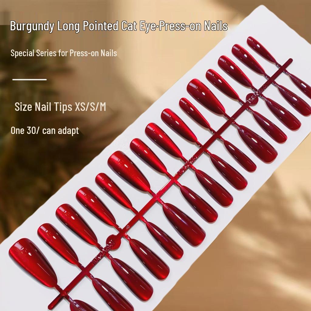 Solid Wine Red Cherry Cat Eye Press-On Nails - Dark Red Long Nail Tips