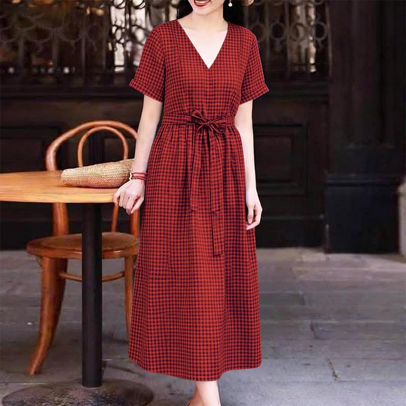 ZANZEA Women Casual V-Neck Short Sleeve Loose Grid Print Dress