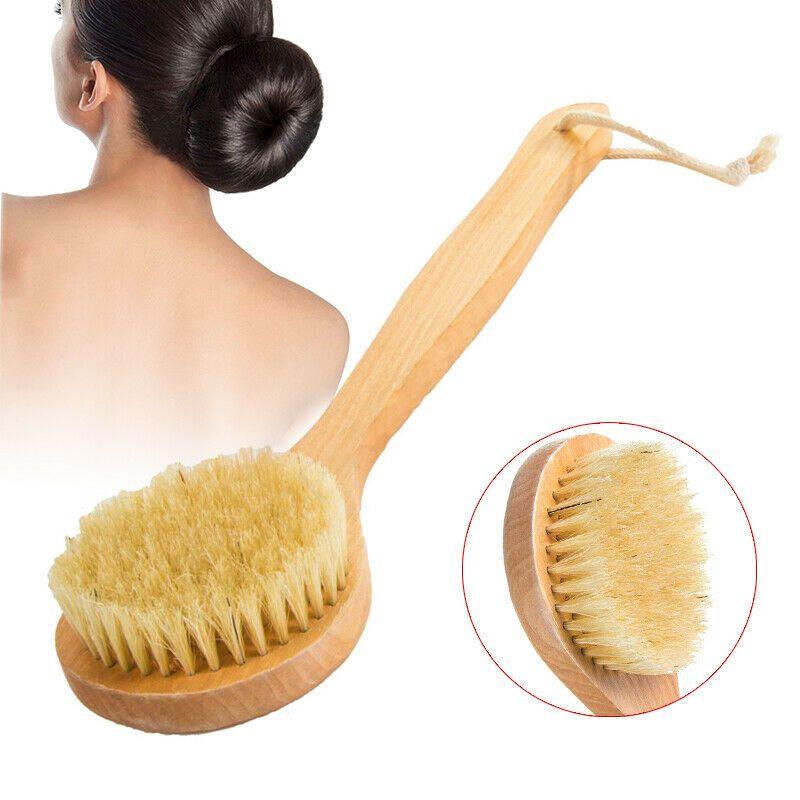 Natural Wooden 10" Bristle Body Bath Brush Massager Shower Back Scrubber Spa