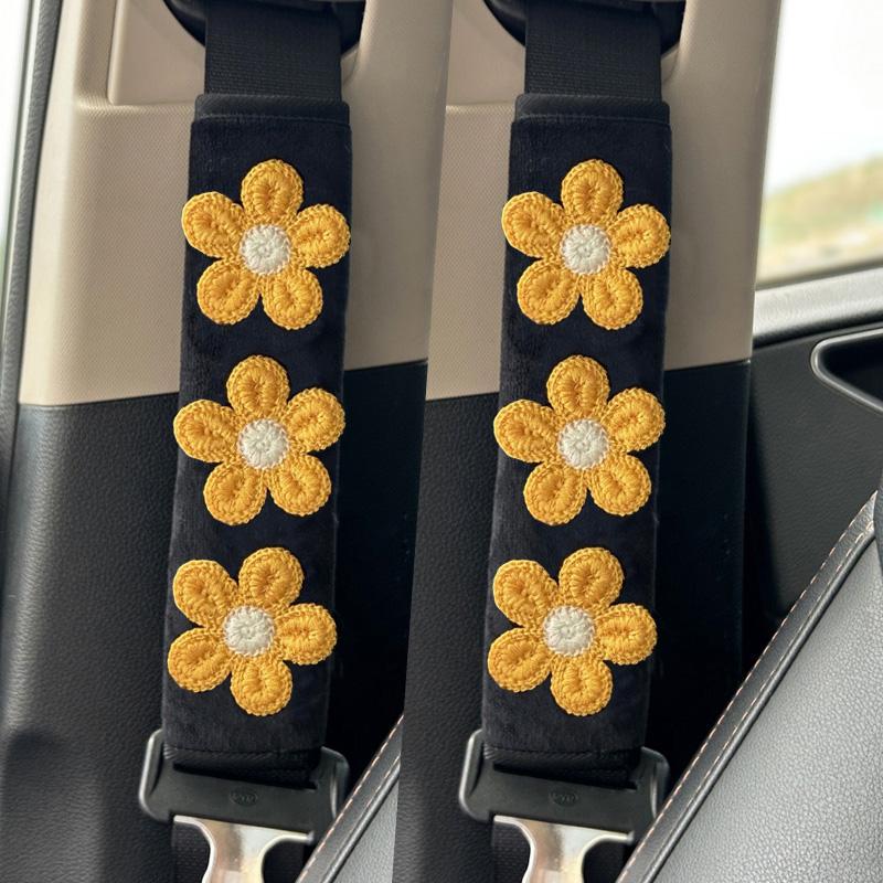 2pc Cute Embroidered Flowers Car Seatbelt Cover Plush Seat Belt Harness Cushion Auto Shoulder Strap Protector Pad for Ladies