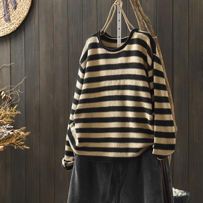 Sweter w paski Damski Luźny Jesienny Retro Sweter Podstawowy Damski Top