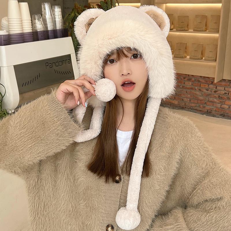 

Cute bear ears plush hat women s winter cycling cold protection thickened warm face small ear hat 55-60CM