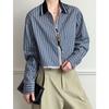 Ju Zhi Wczesnojesienny Retro Granatowy Paskowany Damski Luźny Top z Długim Rękawem
