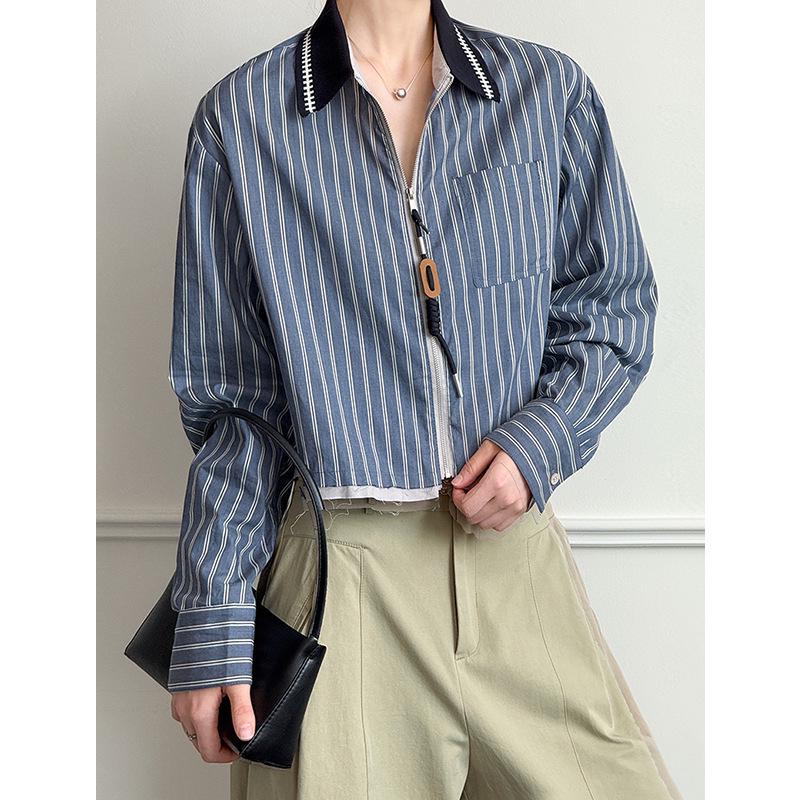 Ju Zhi Early Autumn Retro Dark Blue Striped Women's Long Sleeve Loose Casual Top