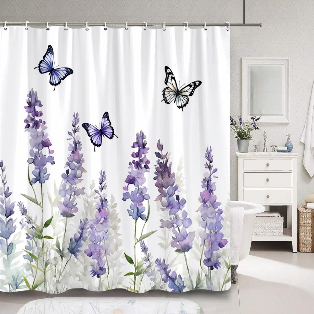 Purple Lavender Shower Curtain Fluttering Butterfly Botanical Flower Watercolour Art Painting Shower Curtain Bathroom Decoration