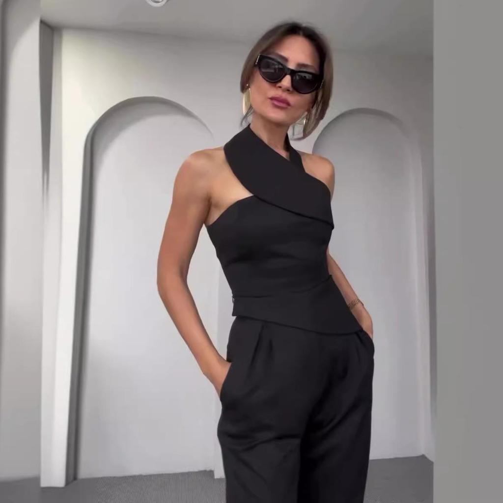 2024 Summer Women's Solid Color Off-Shoulder Top and High Waist Straight Leg Pants Set