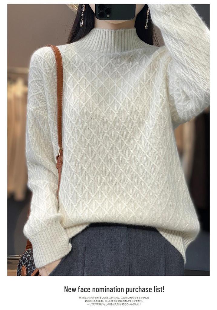 Women's Cashmere Diamond Knit Pullover: Half-High Collar, Thick, Loose-Fit, Korean Style Winter Sweater.