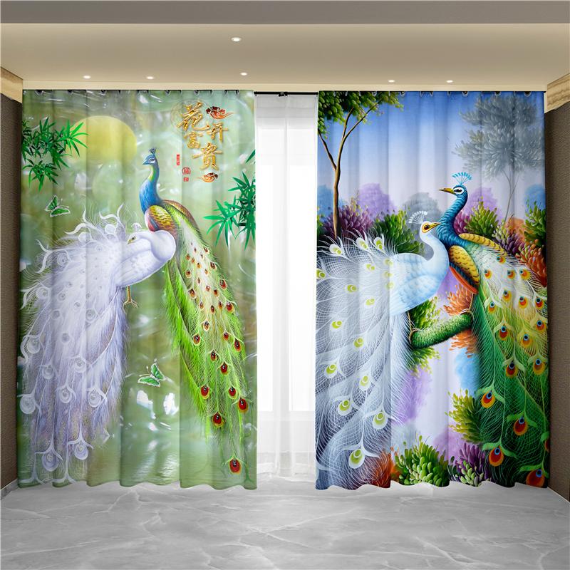 Nowy Chiński Styl Tuszowy Pejzaż Malarstwo Kwiatowe Paw Feniks Zasłona Okno od Podłogi do Sufitu Salon Tkanina Zaciemniająca Zasłona