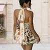 Women Plus Size Halter Backless Fake Two Piece Dress Sun Wave Heartbeat Element Print Mini Dress