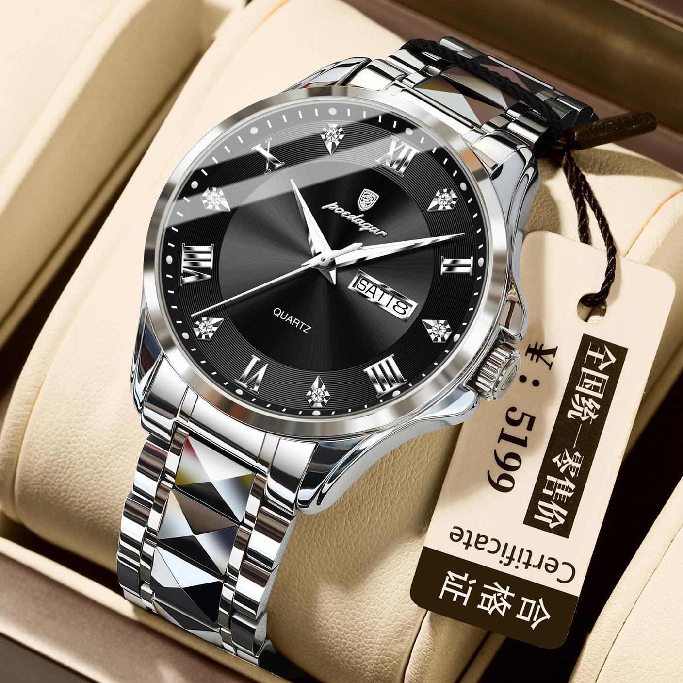 

POEDAGAR Модные мужские наручные часы водонепроницаемые светящиеся дата неделя мужские часы из нержавеющей стали деловые кварцевые мужские часы серебряный/чёрный