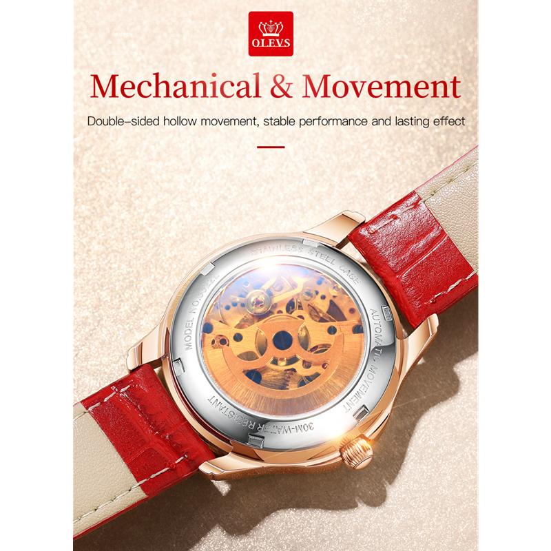 OLEVS 6622 mit Geschenkbox, Lederuhr mit wasserdichter automatischer mechanischer Uhr, Damenuhr