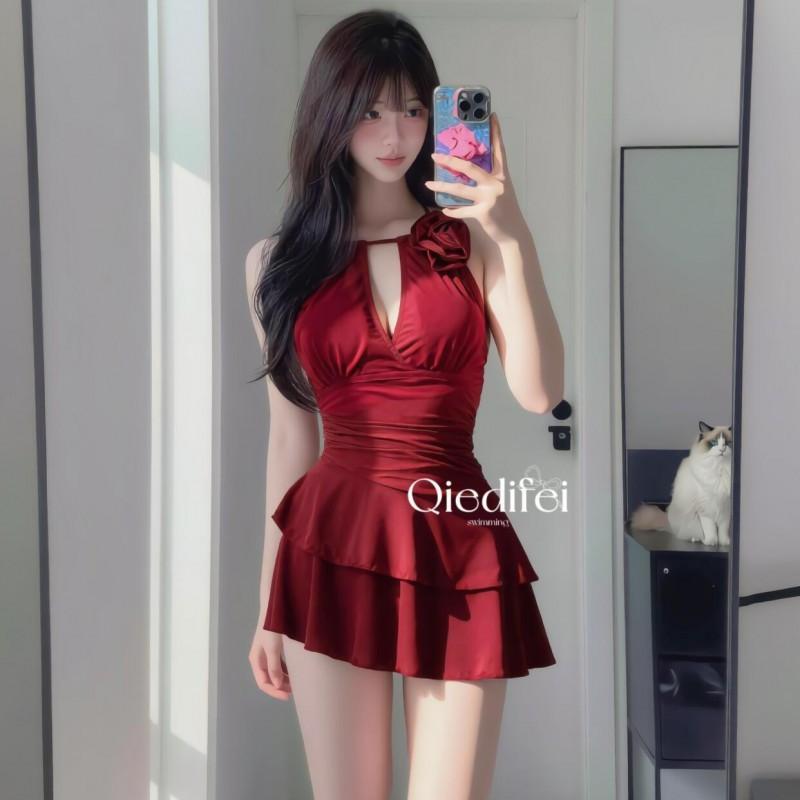 

One-piece Skirt Style Is Beautiful White High-class Feeling Burgun-covering Meat Slimming Hot Vacation Swimsuit Sexy Conservative M вино красного