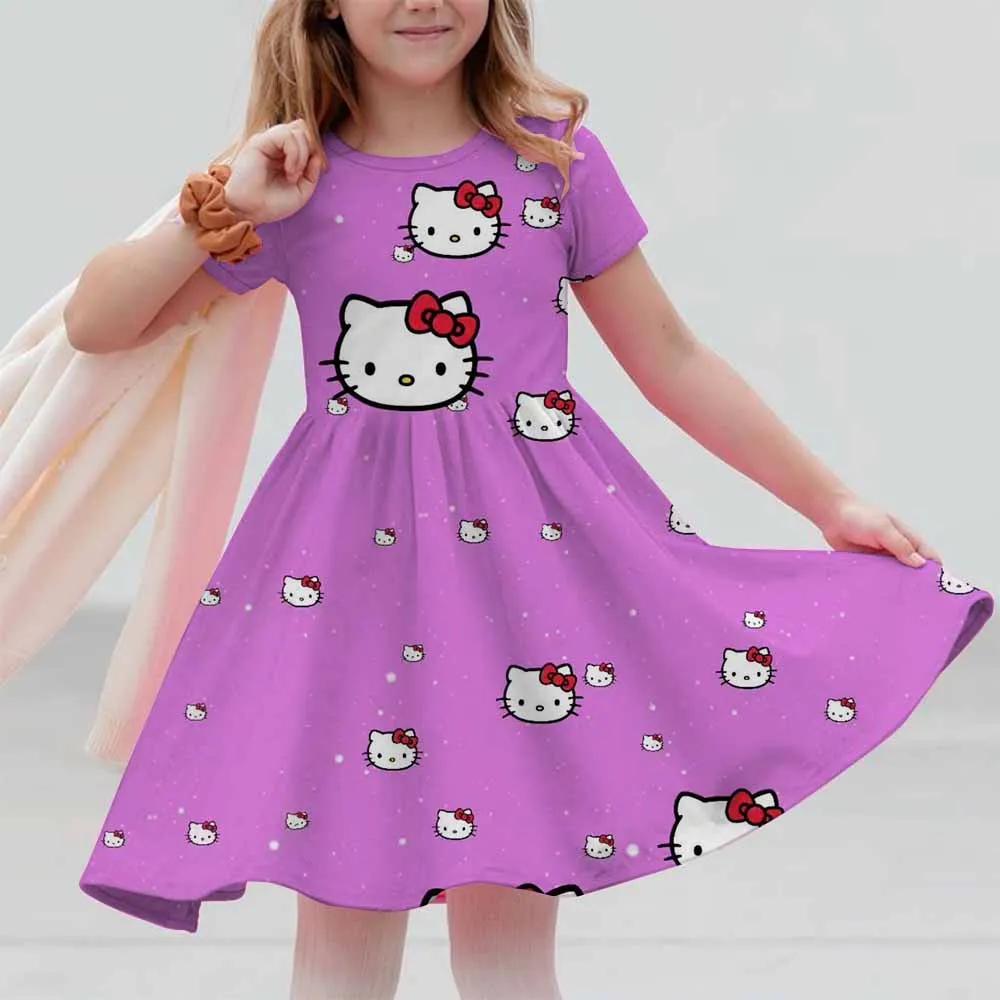 New Summer Dress Fashion Cartoon Cute Hello Kitty 3D Print Dresses Kids Short Sleeve Princess Girls Party Children Clothes