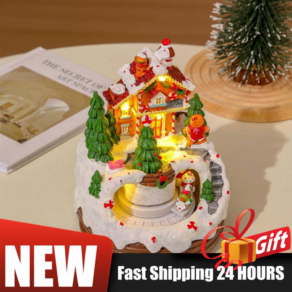 6.3inch Christmas Music Box Illuminated Music Resin House Ornament Christmas Figurines Rotating Winter Scene Home Tabletop Decor