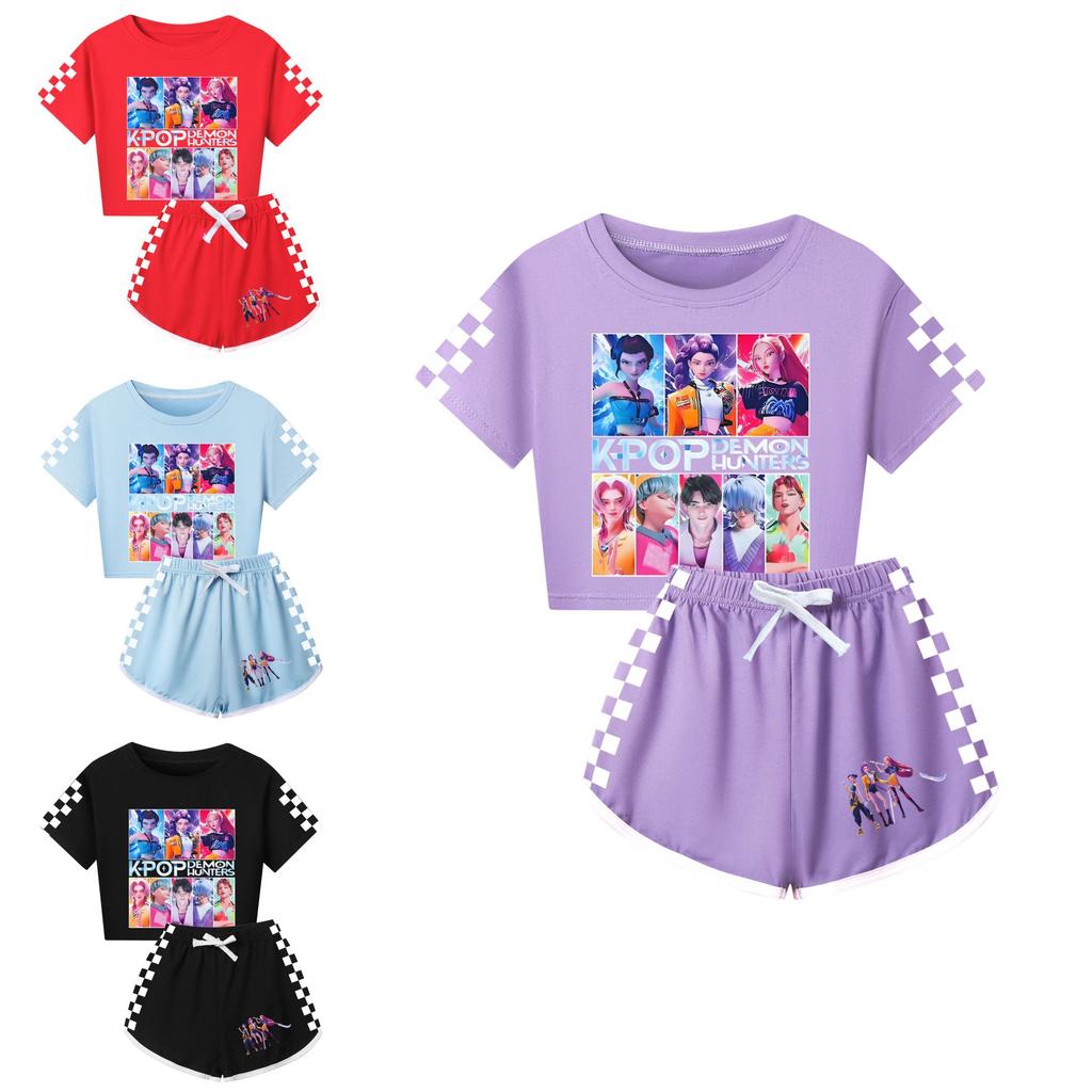 Kpop Demon Hunters Pattern Adult Child Matching Pajama Set With Short Sleeve And Shorts For Family Comfort