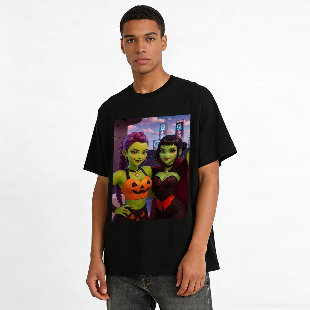 Halloween Green-skinned Cartoon Girl Print Top Fun Pumpkin Vampire Element Festival Casual Short-sleeve T-shirt Pure cotton T-shirt