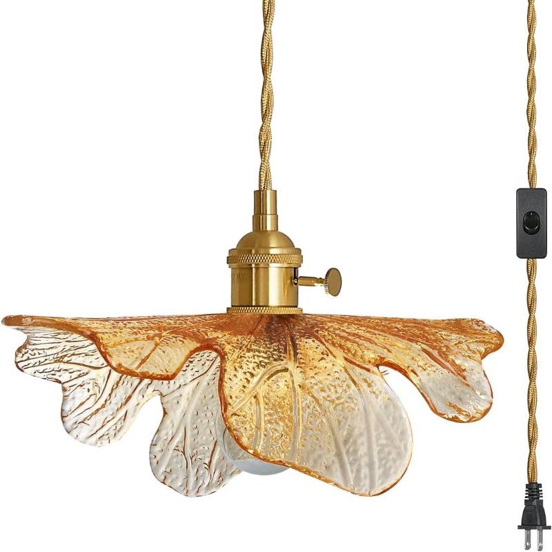 Vintage Hanging Light with Plug In Cord on/Off Switch Brushed Brass Pendant Light Fixtures