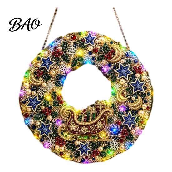 Seasonal Holiday Crafting Set Christmas Diamond Painting Wreath Kit with LED String Lights, Snowman Pearl Art Shiny Acrylic Craft for Adults,