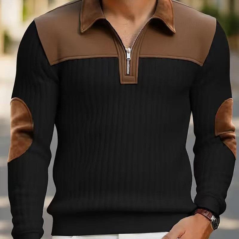 Men s Vintage Turn Down Collar Knit Top Contrast Suede Trim Half Zip Sweater S чёрный