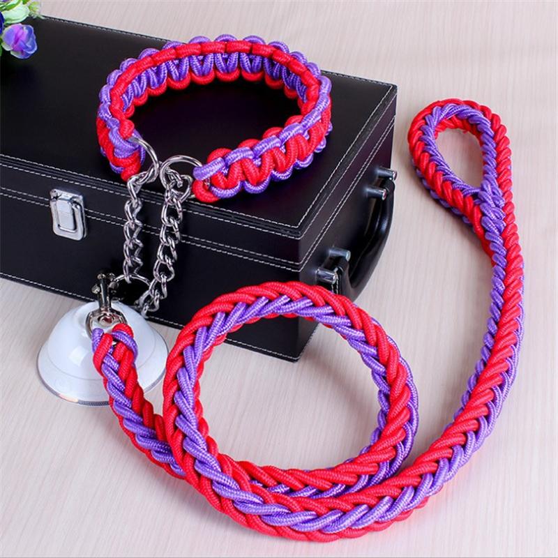 1.2M 17 Colors Length Double Strand Rope Large Dog Leashes Metal P Chain Buckle National Color Pet Traction Rope Collar Set A 14