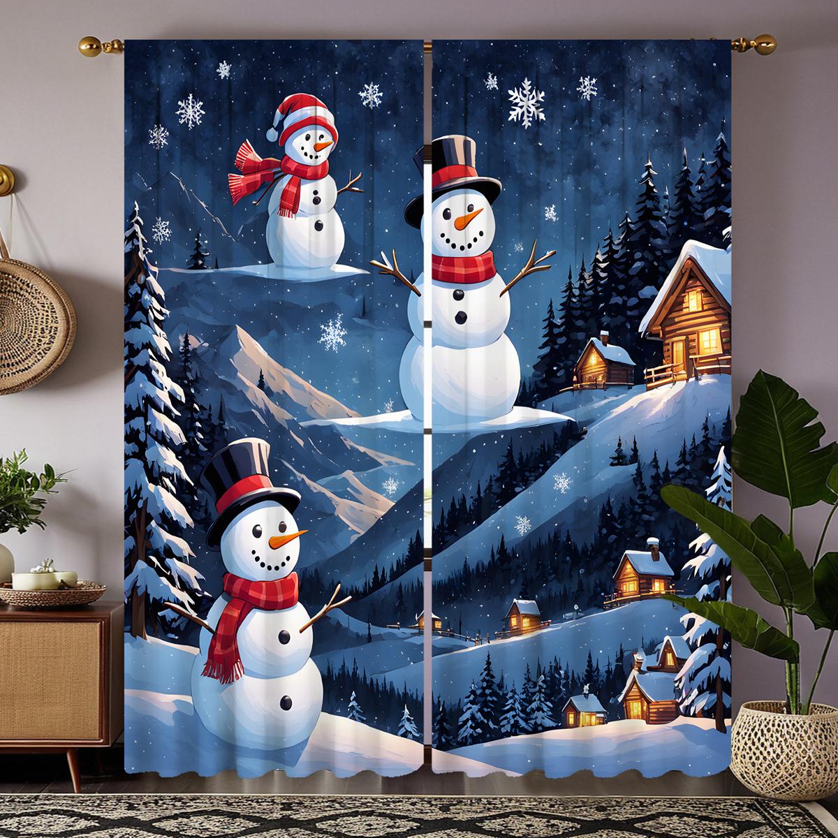 

2 шт. HD Рождественская снежная горная сельская занавеска со снеговиком, белая занавеска с цифровой печатью, украшение для дома, стиль decorati W52H63inchW132H160cm
