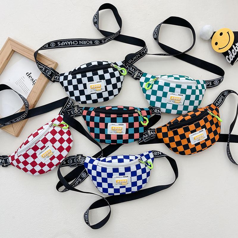 Stylish Children's Checkered Pattern Sling Bag Durable Canvas Crossbody Backpack With Large Capacity For Snacks