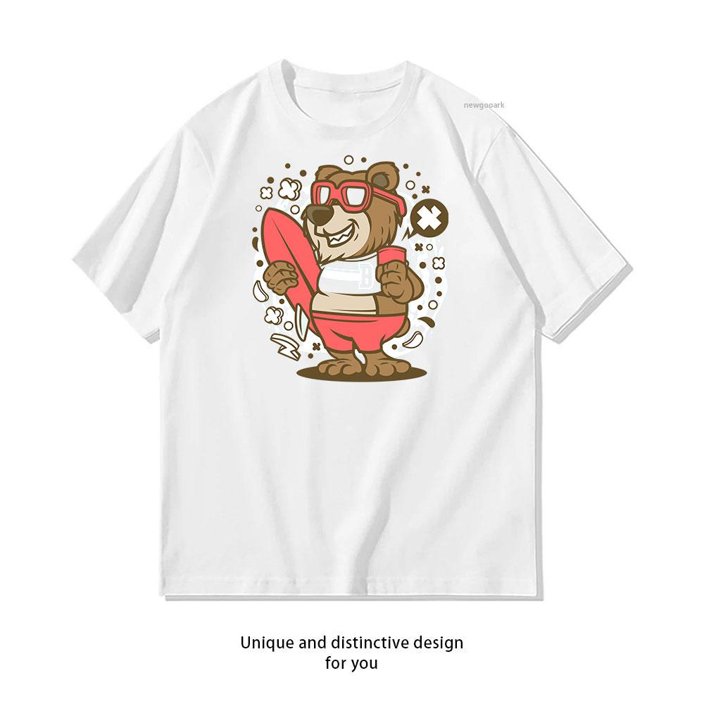 Surfing Bear in Red cotton T shirt Unisex Adult couple streetwealtops tee Short sleev Casual S