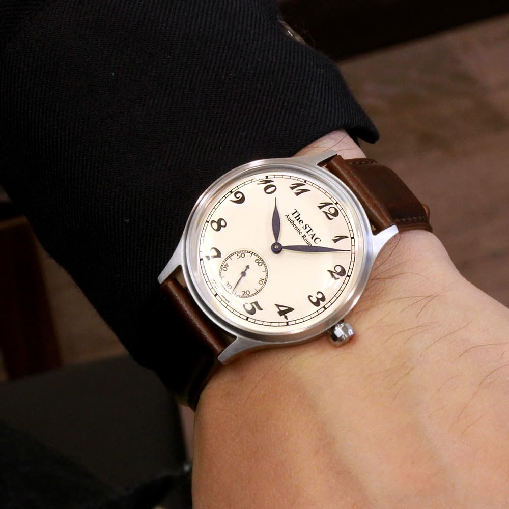 The STAC Japanese-Made Wristwatch, 36mm, Classic Retro Design, Men's, Women's, Unisex, White with Brown Leather, ST-AR002