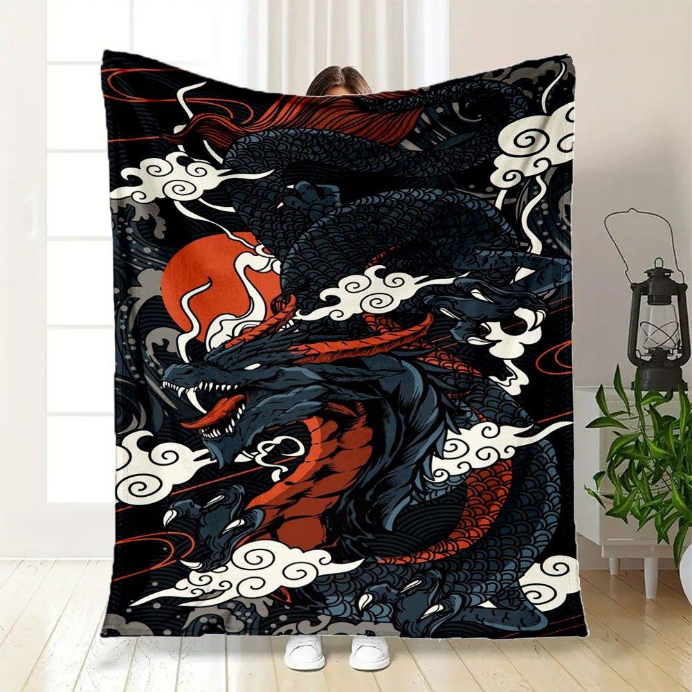 "Poster Murale Drago Giapponese - Stile Tatuaggio Tradizionale" Coperta in Flanella per Divano, Letto, Viaggio, Campeggio, Ufficio, Divano, Cha