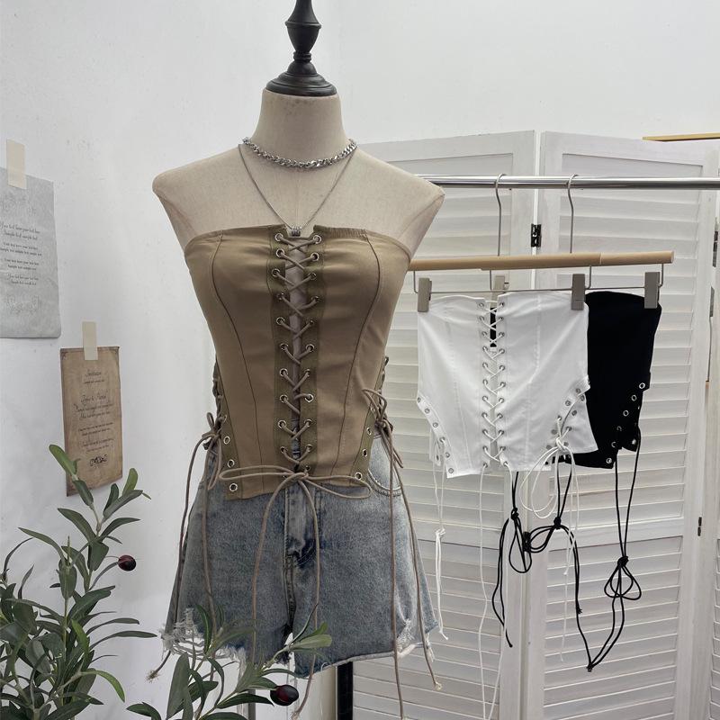 Cross-Border Hollow Lace-Up Bandeau Tank Top with Anti-Slip Strips and Waist Tie 8137