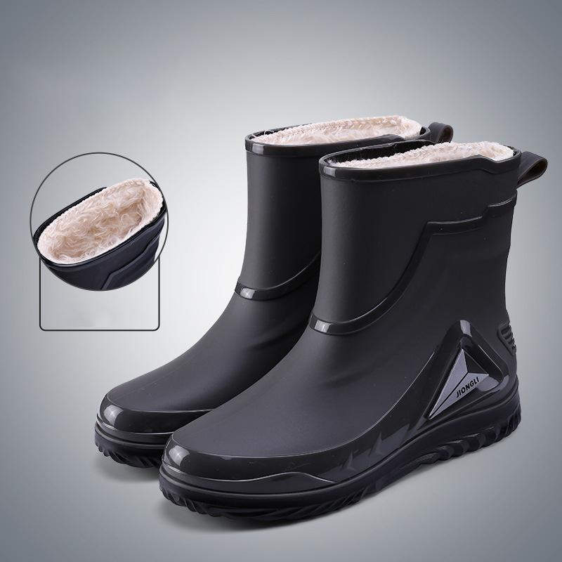 Fashion Drawstring Rain Boots Men's Non Slip Mid Tube Water Shoes Rain Boots Plus Velvet Warm Rubber Shoes Closed Work Short Tube Water